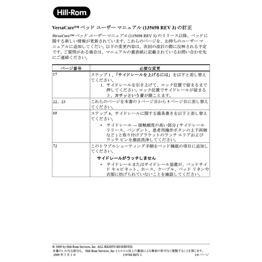 User Manual, VersaCare Bed, Errata, Japanese