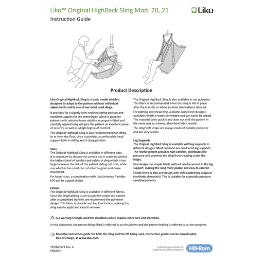User Manual, Liko Highback Sling Instr
