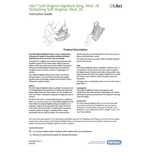 User Manual, Soft Original Highback Sling Mod26